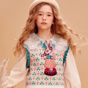 Girls Heart Pattern Cartoon Patched Frilled Sweater Vest Without Blouse
